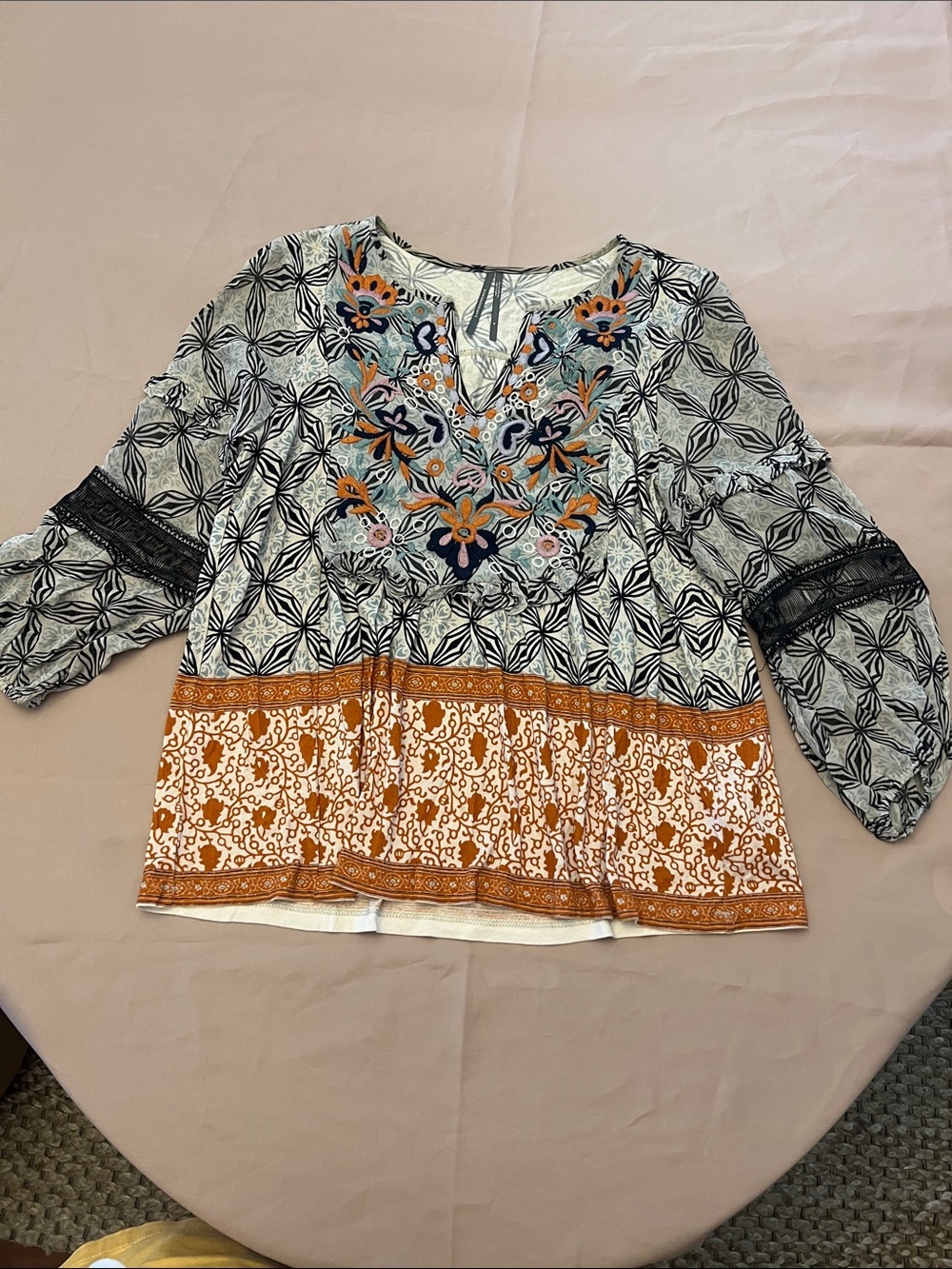 Anthropologie Black, White & Rust Embroidered Boho Tunic